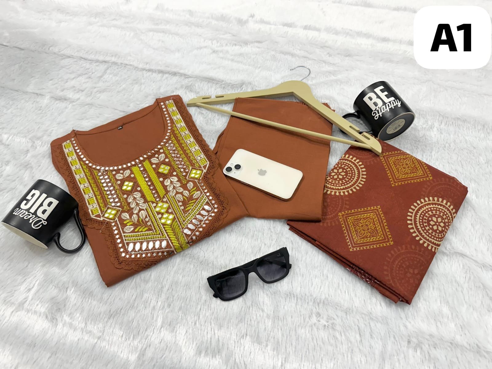 Embroidered Cotton Kurti Palazzo Dupatta Set